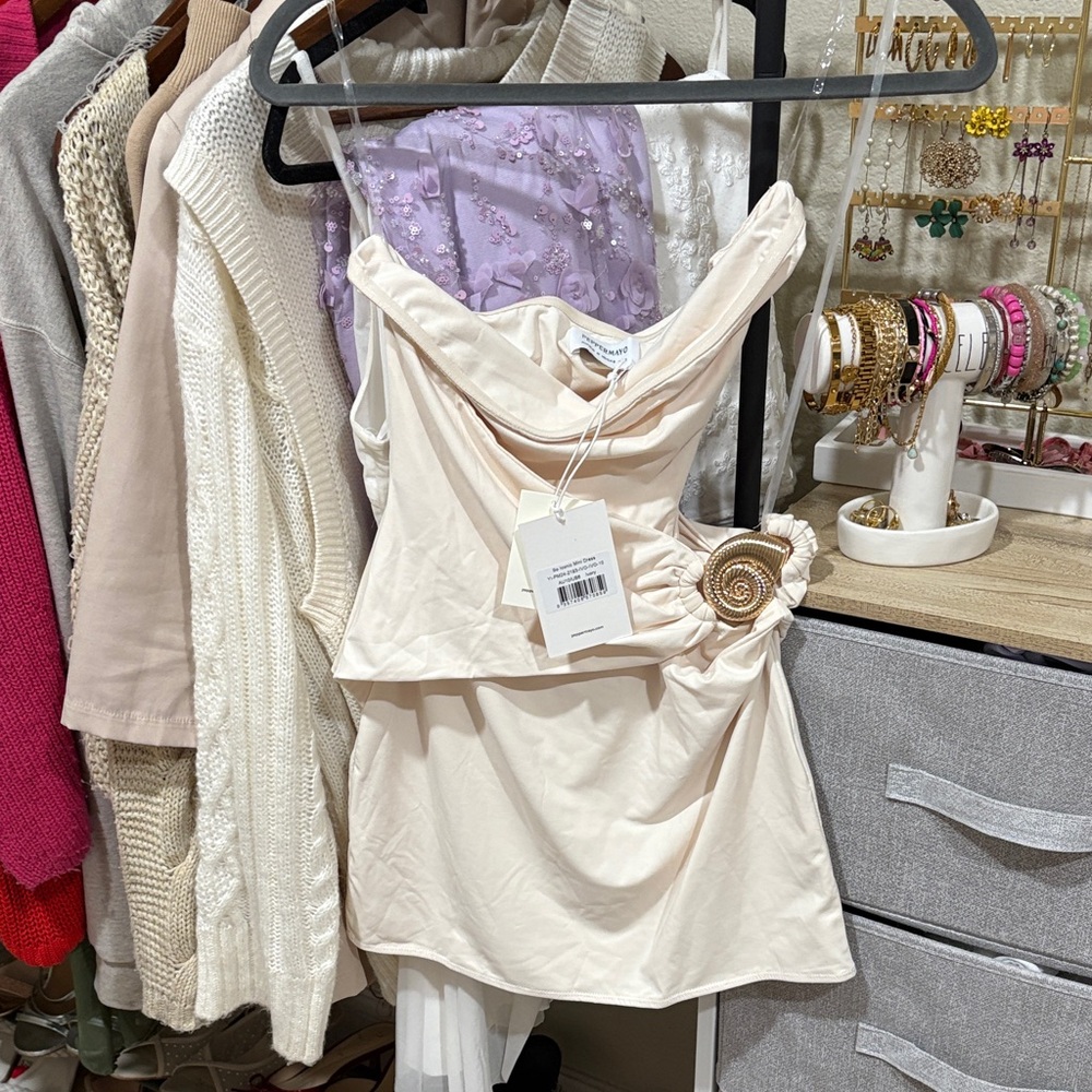 Peppermayo Ivory One-Shoulder Mini Dress with Spiral Ring Detail